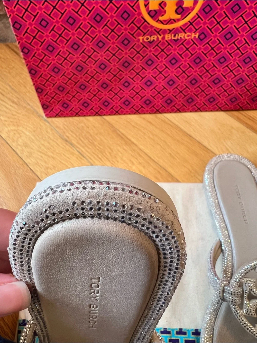 Tory Burch Stone Gray Miller Pavé Knotted Sandals - Picture 9 of 14
